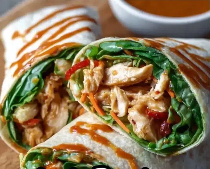 Delicious Thai Peanut Chicken Wraps with fresh vegetables and savory sauce