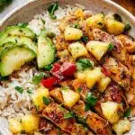 Delicious pineapple chicken served with rice on a plate
