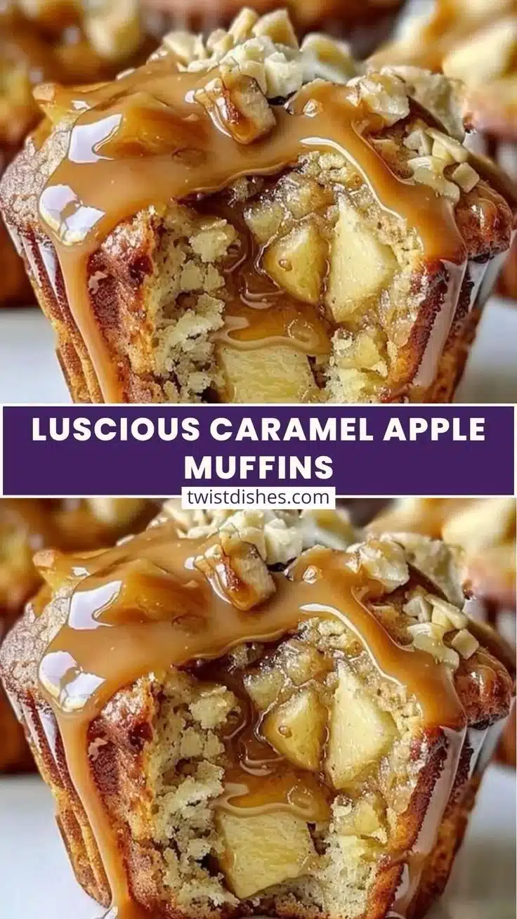 Delicious Apple Caramel Muffins with a rich caramel drizzle on top
