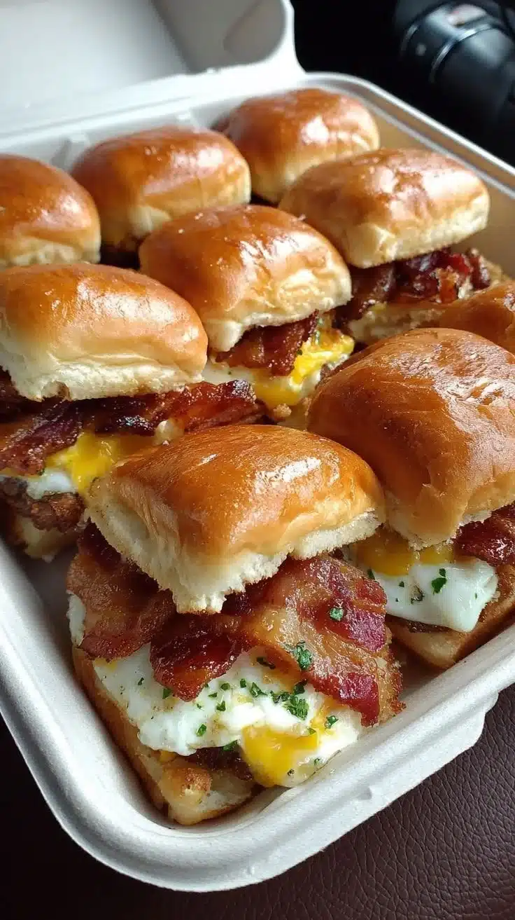 Plate of Bacon Egg and Cheese sliders and sandwiches for a delicious breakfast