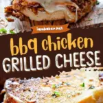 BBQ chicken grilled cheese sandwich served with melted cheese and sauce.