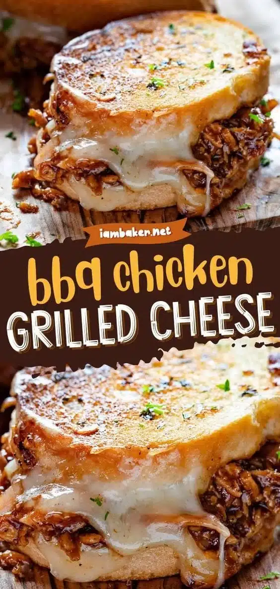 BBQ chicken grilled cheese sandwich served with melted cheese and sauce.