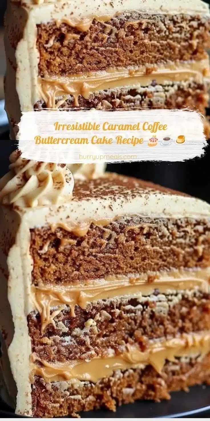 Delicious caramel coffee buttercream cake topped with caramel drizzle