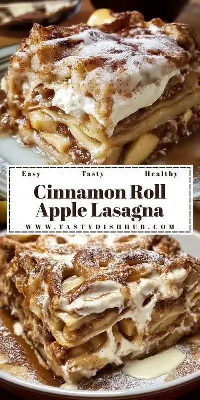 Delicious cinnamon roll apple lasagna dessert with cinnamon rolls and spiced apples.