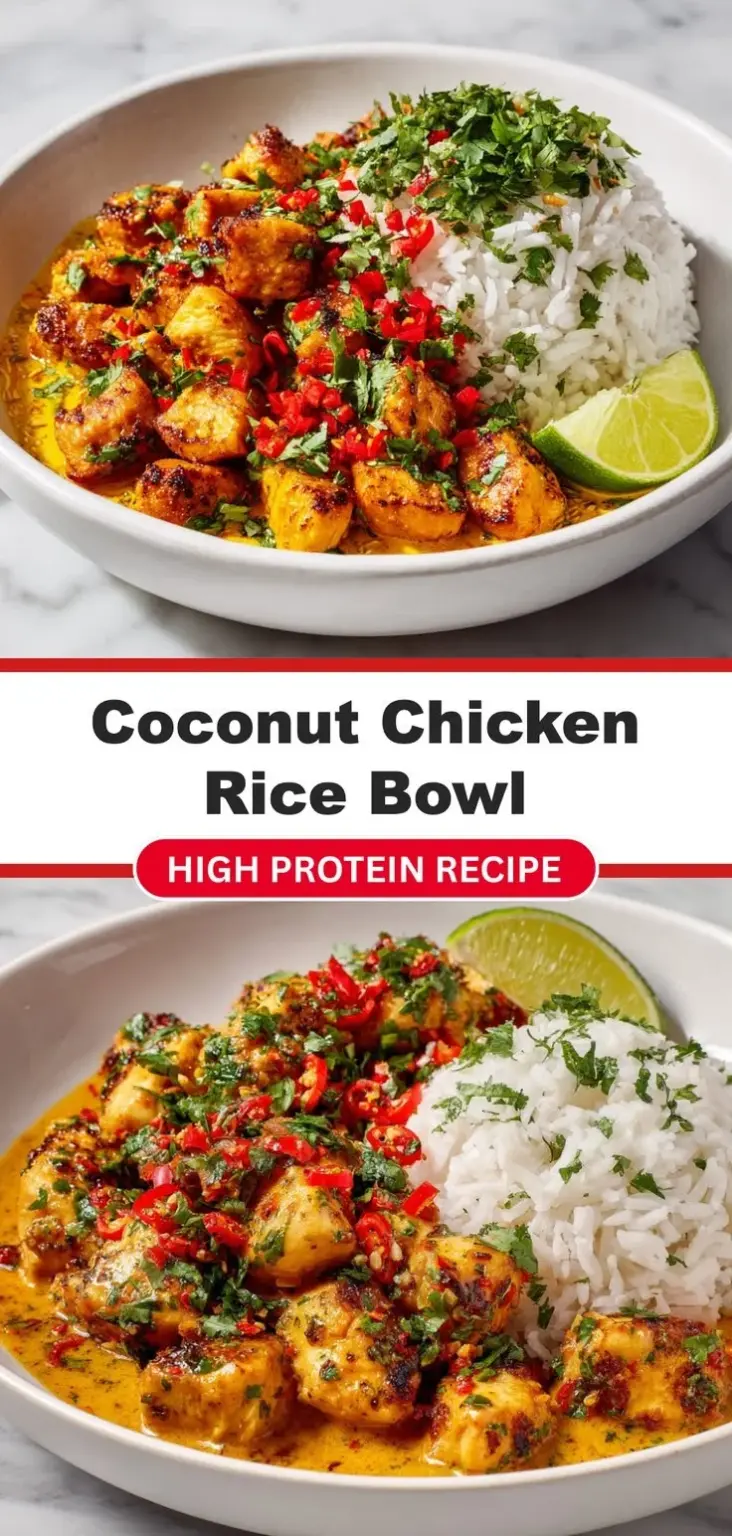 Coconut Chicken Rice Bowl garnished with fresh herbs and served in a bowl