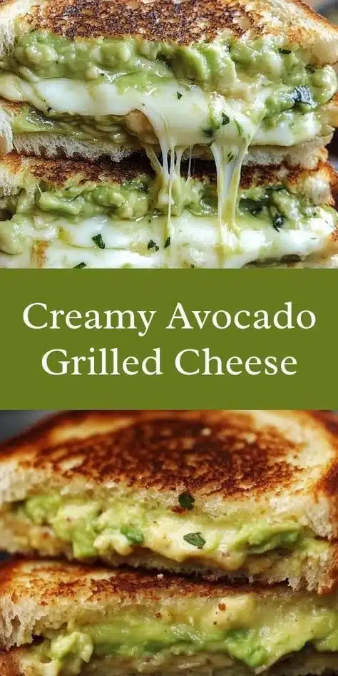 Creamy avocado grilled cheese sandwich with melted cheese and fresh ingredients.