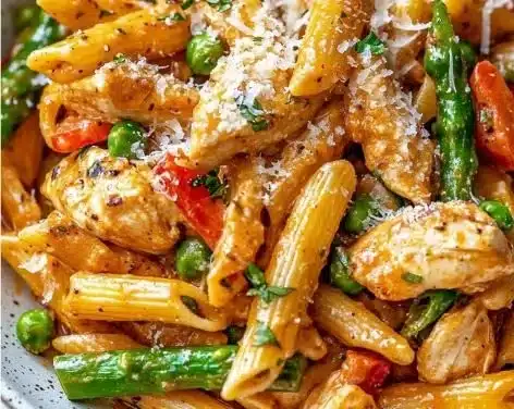 Delicious plate of creamy Chipotle Chicken Pasta topped with fresh herbs