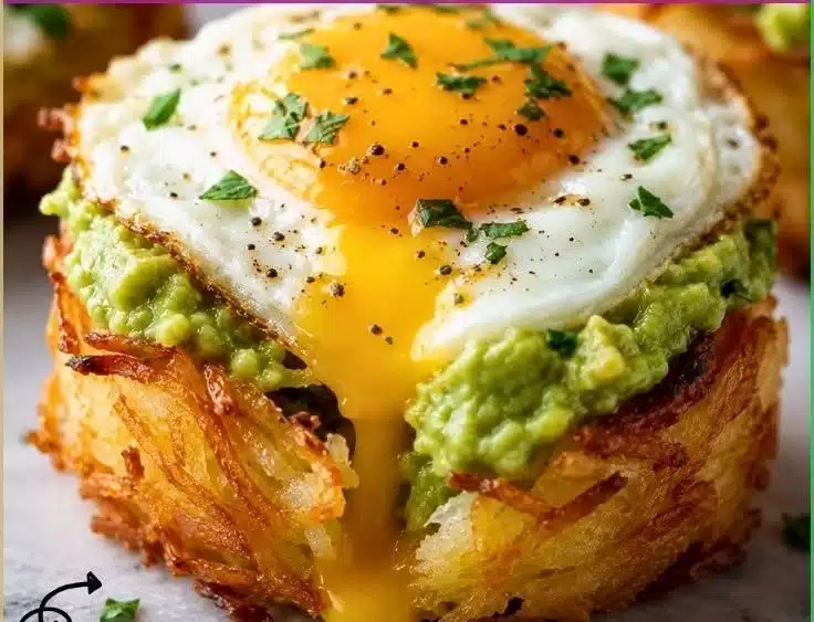 Crispy hash brown and avocado egg cups served for breakfast