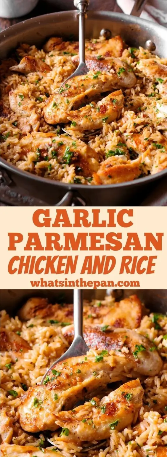 Garlic Parmesan Chicken served with creamy garlic parmesan rice in a delicious one-pot meal.