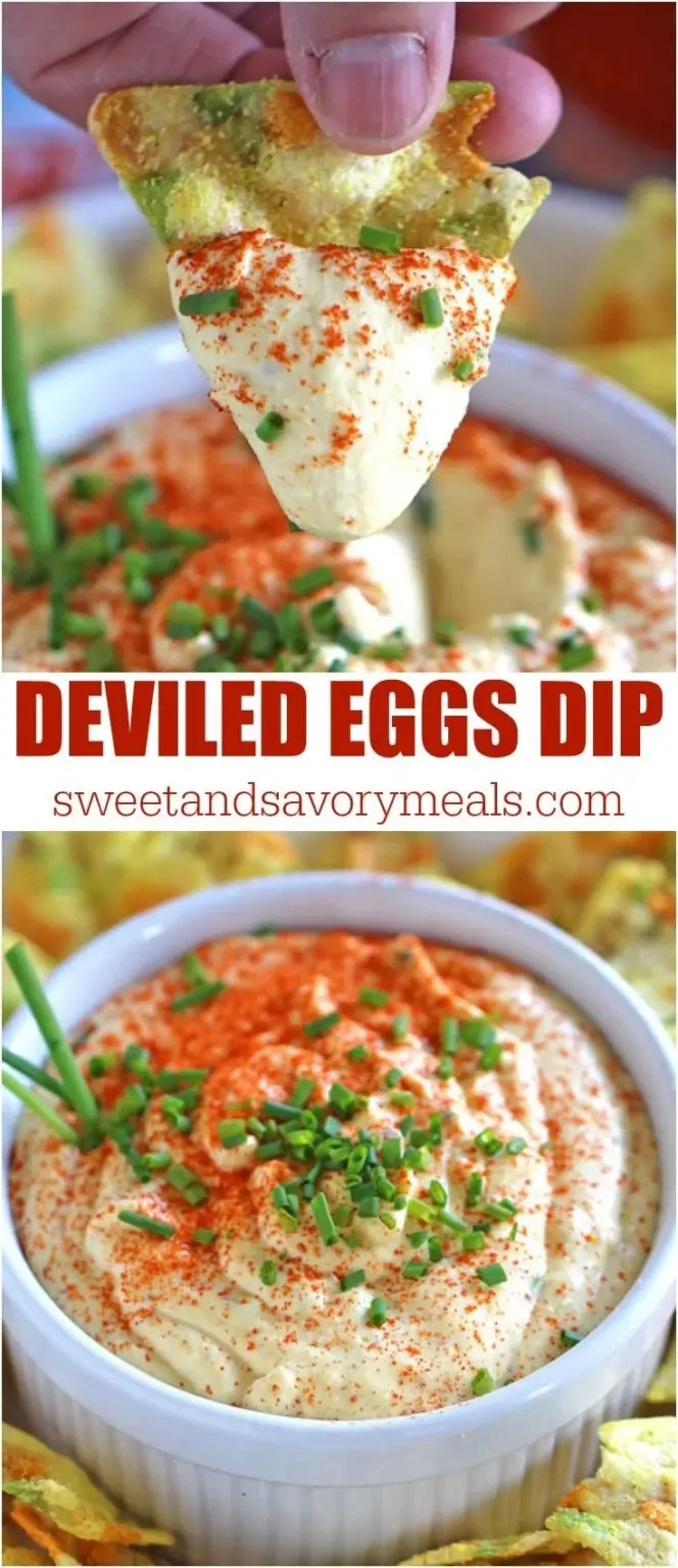 Creamy deviled eggs dip served with crackers and veggies