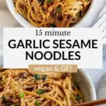A bowl of Garlic Sesame Noodles garnished with green onions and sesame seeds.