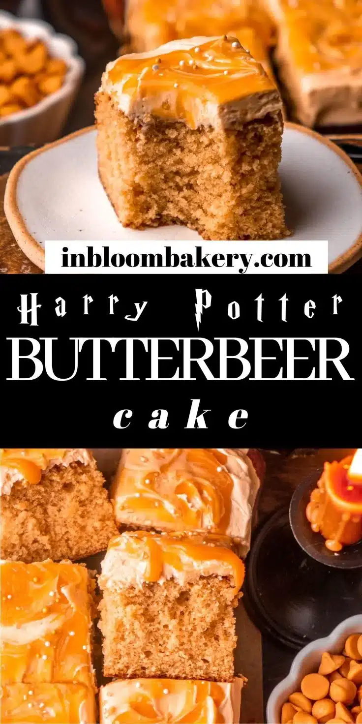 Slice of Harry Potter Butterbeer Cake topped with cream and butterscotch drizzle