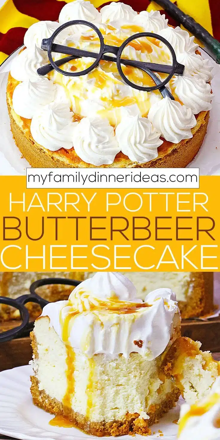 Slice of Harry Potter inspired Butterbeer Cheesecake with caramel drizzle