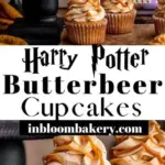 Delicious Harry Potter Butterbeer Cupcakes topped with creamy frosting