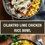 Cilantro lime chicken bowl with rice and fresh lime garnish