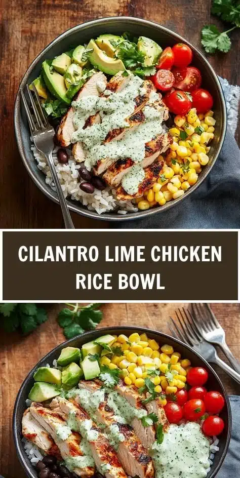 Cilantro lime chicken bowl with rice and fresh lime garnish