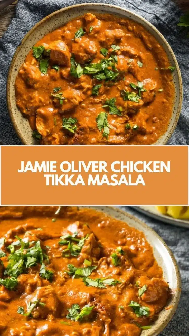 Delicious Chicken Tikka Masala by Jamie Oliver garnished with herbs and served with rice.