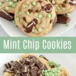 Freshly baked mint chocolate chip cookies on a cooling rack.
