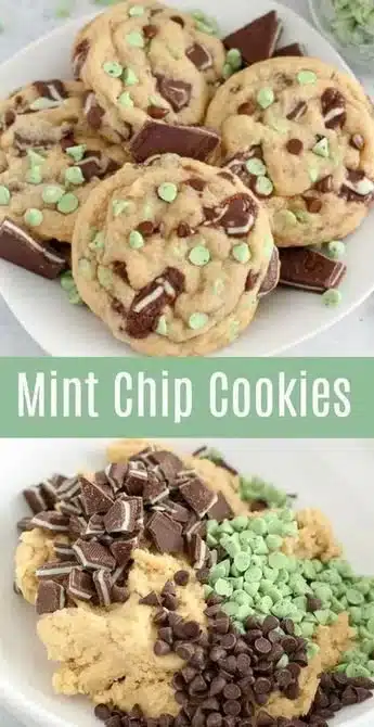 Freshly baked mint chocolate chip cookies on a cooling rack.
