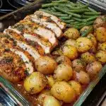 One-skillet chicken and potatoes dish served in a pan