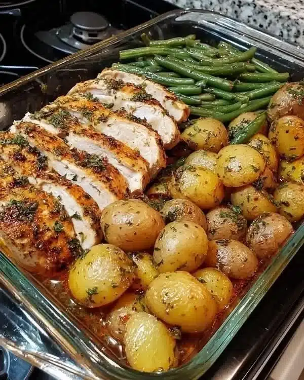 One-skillet chicken and potatoes dish served in a pan