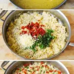 Delicious Parmesan rice with sun-dried tomatoes and basil served in a bowl.