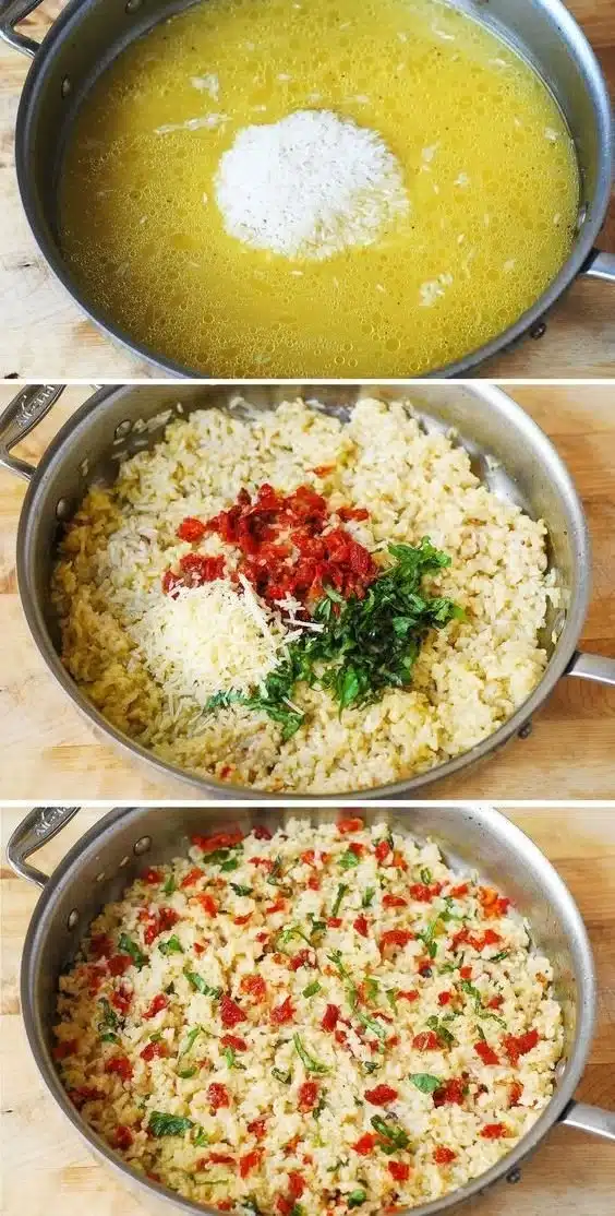 Delicious Parmesan rice with sun-dried tomatoes and basil served in a bowl.