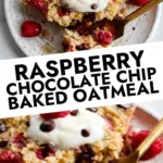 Delicious raspberry chocolate chip baked oatmeal served in a bowl.