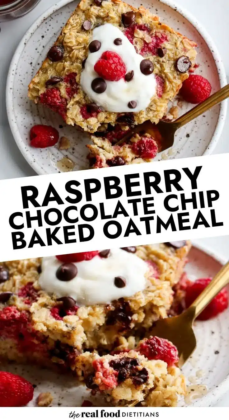 Delicious raspberry chocolate chip baked oatmeal served in a bowl.