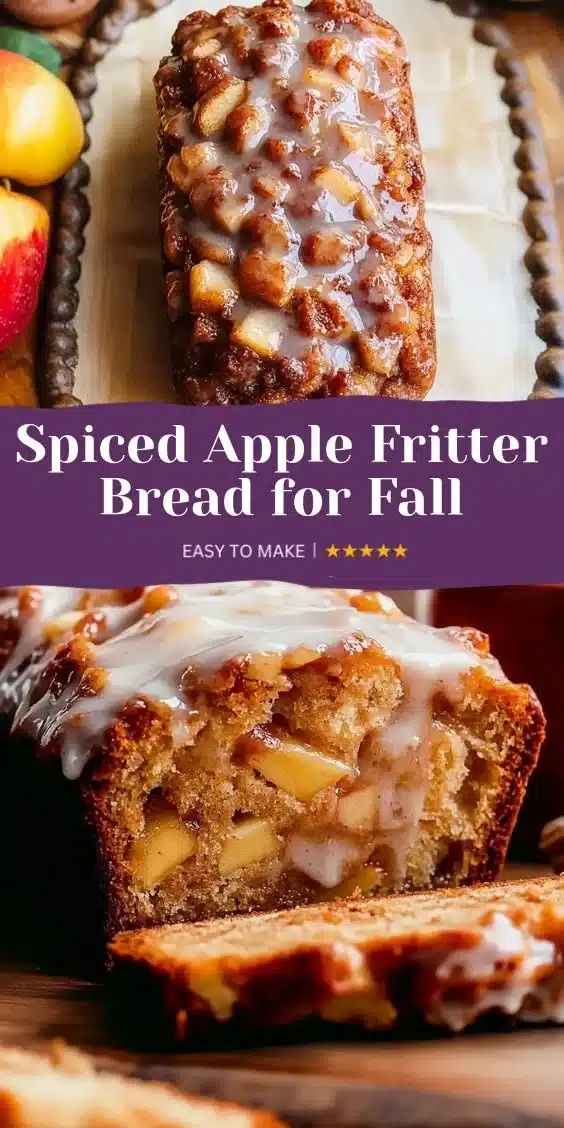 Deliciously spiced apple fritter bread with chunks of apple and cinnamon glaze.