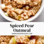 Bowl of spiced pear oatmeal topped with cinnamon and nuts
