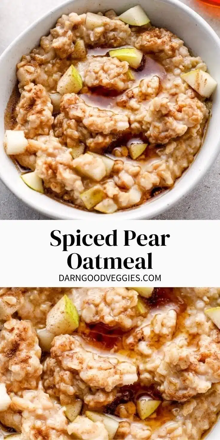 Bowl of spiced pear oatmeal topped with cinnamon and nuts