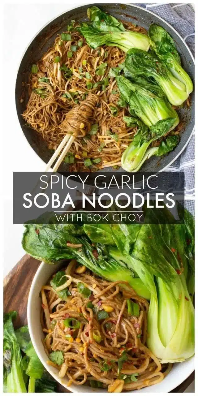 Plate of spicy garlic soba noodles topped with bok choy and garnished with herbs