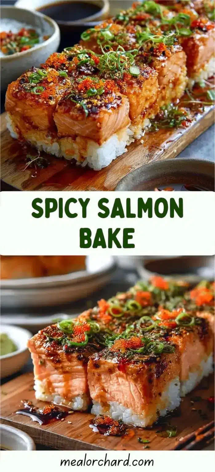 Spicy Salmon Sushi Bake served in a dish with toppings and garnishes