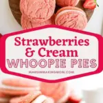 Delicious strawberry whoopie pies with pink filling on a white plate