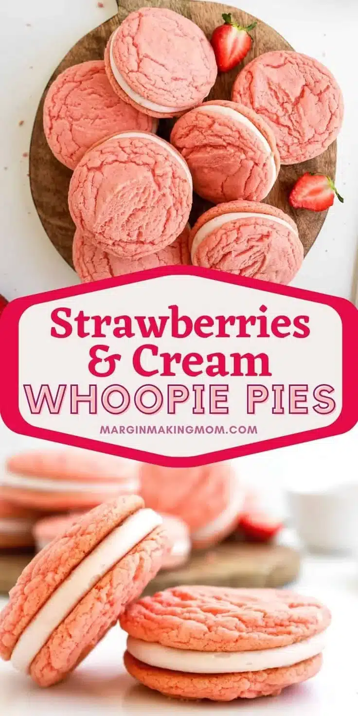 Delicious strawberry whoopie pies with pink filling on a white plate