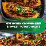Sweet potato and ground beef skillet meal in a cast iron pan