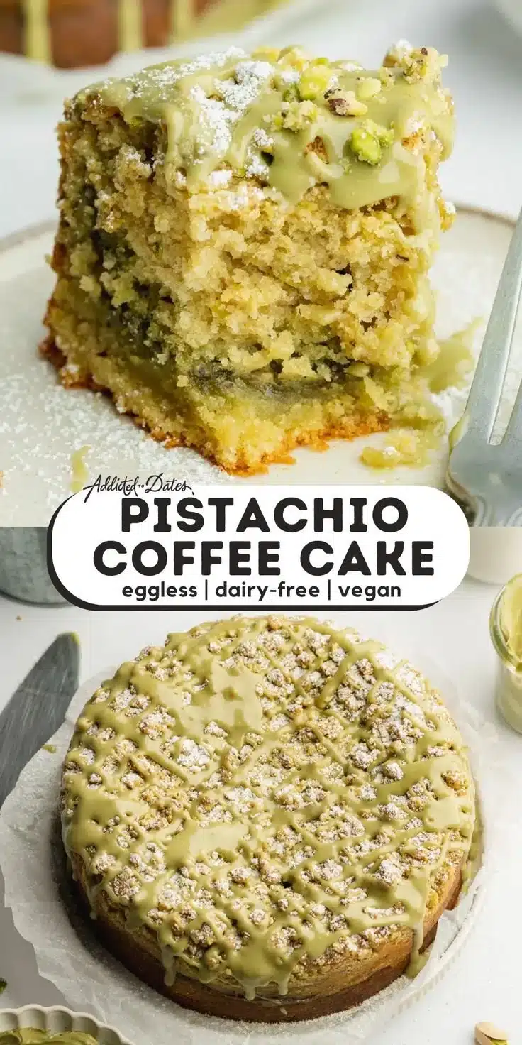 Delicious Vegan Pistachio Coffee Cake served on a plate