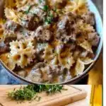 Bowtie pasta with beef served in a bowl garnished with herbs