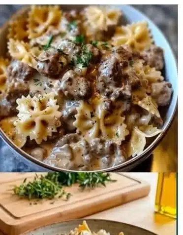 Bowtie pasta with beef served in a bowl garnished with herbs