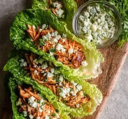 Buffalo Chicken Lettuce Wraps served on a plate with fresh vegetables and sauce.