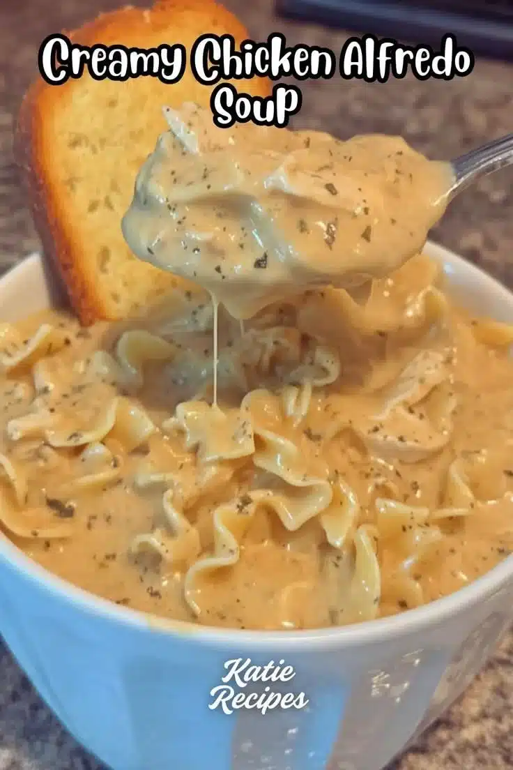 Bowl of creamy chicken alfredo soup garnished with parsley and parmesan cheese