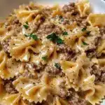 Creamy Parmesan Garlic Beef Bowtie Pasta served in a bowl