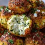 Crispy zucchini feta balls served on a plate, garnished and ready to eat.