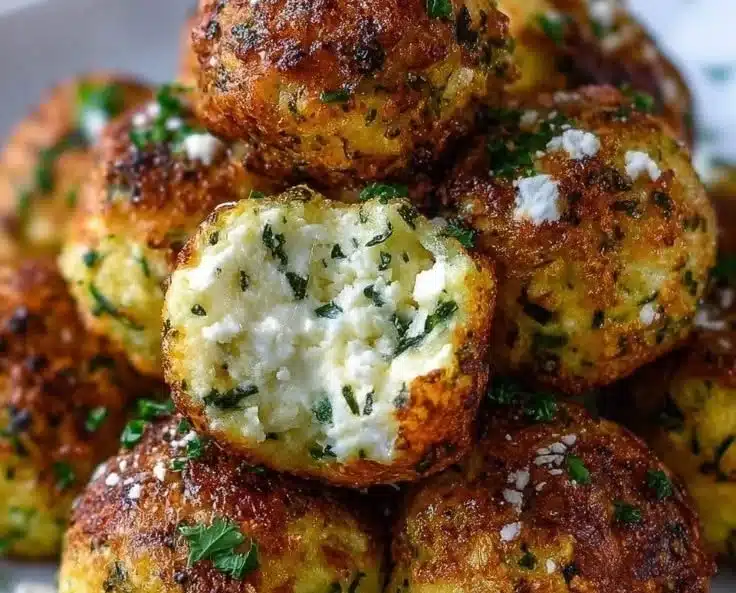 Crispy zucchini feta balls served on a plate, garnished and ready to eat.
