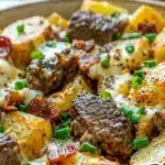 Crockpot Loaded Steak and Potato Bake served in a bowl with garnishes