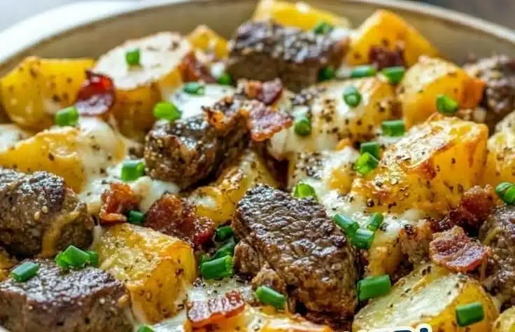 Crockpot Loaded Steak and Potato Bake served in a bowl with garnishes