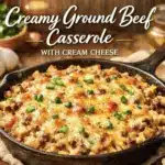 A hearty ground beef casserole topped with cheese and vegetables, ready to serve.