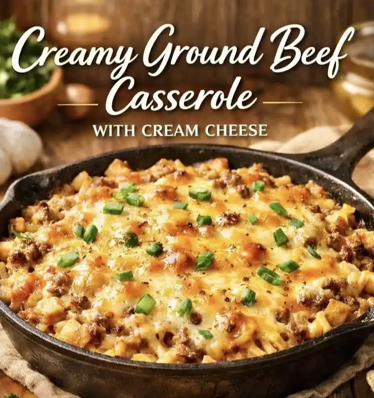 A hearty ground beef casserole topped with cheese and vegetables, ready to serve.