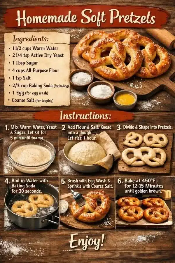 Freshly baked homemade soft pretzels with a golden brown crust.